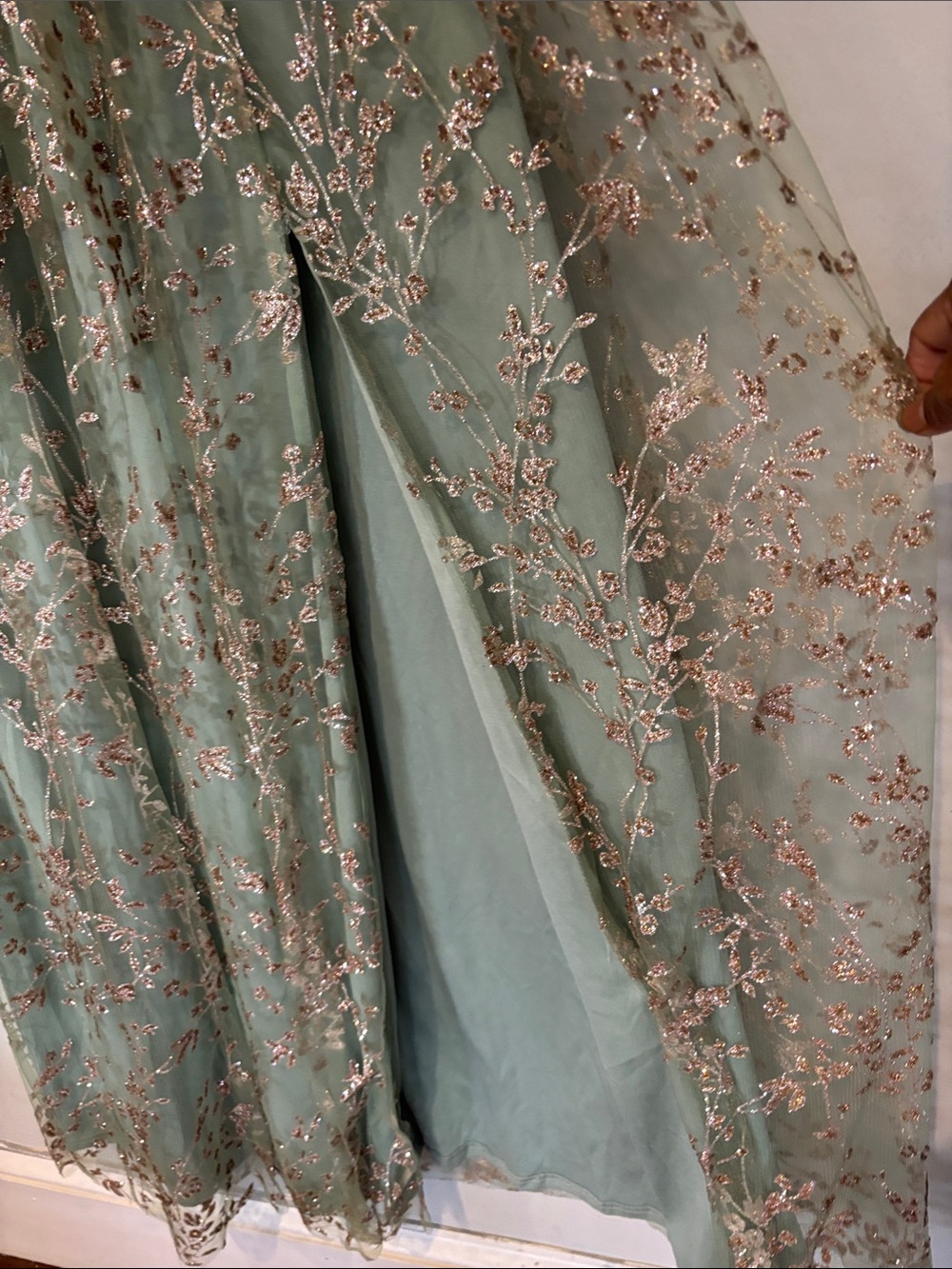 Baltic born Arden shimmer gown in sage+gold featuring a long V neckline - Picture 5 of 12